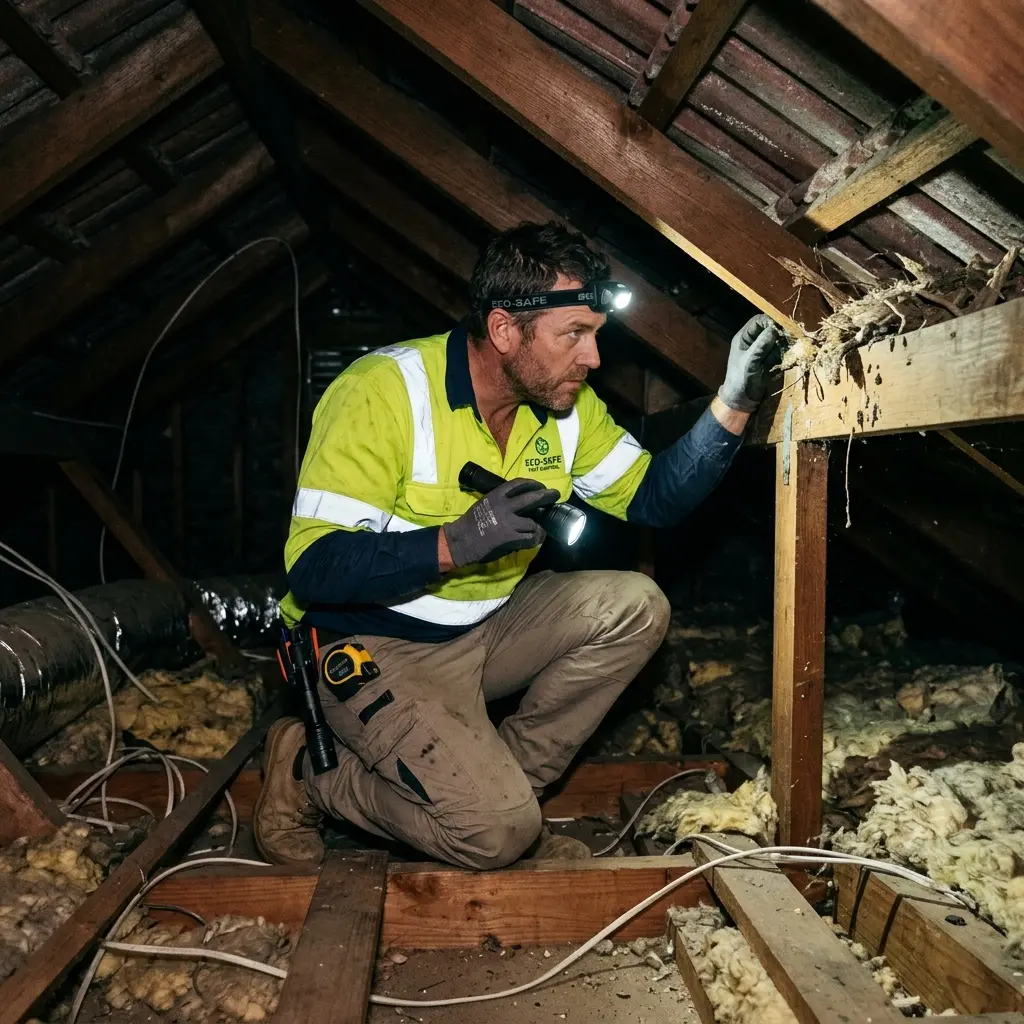 Technician inspecting a roof cavity for a dead animal in Lower Plenty